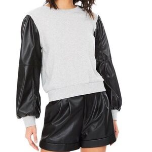 Gray Crewneck Sweater with Leather Sleeves